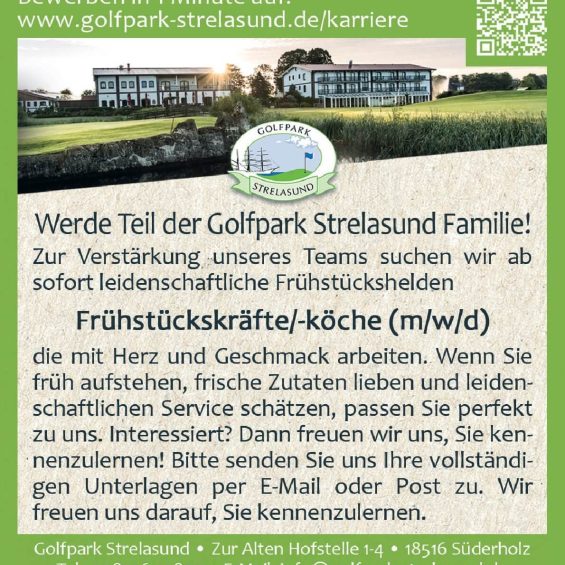 Stellenanzeige Fruehstueckkraefte und -koeche im Golfpark Strelasund mit technischen Daten