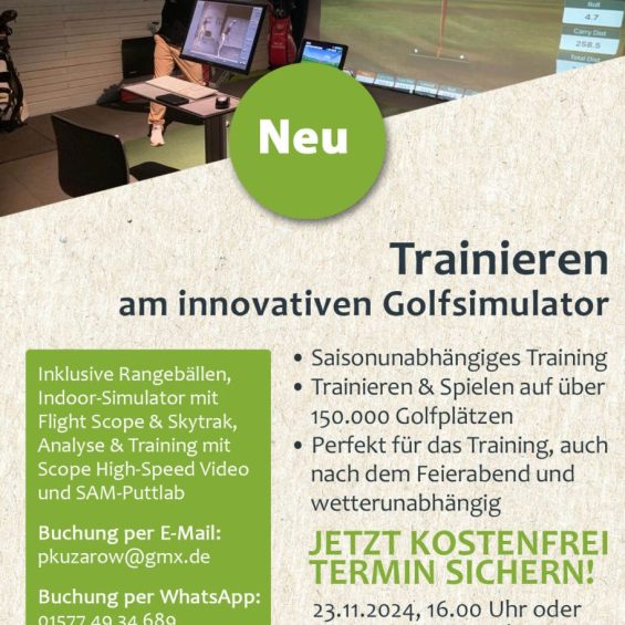 Golfer am Golfsimulator und Termine fuer die Einweisung am Golfsimulator