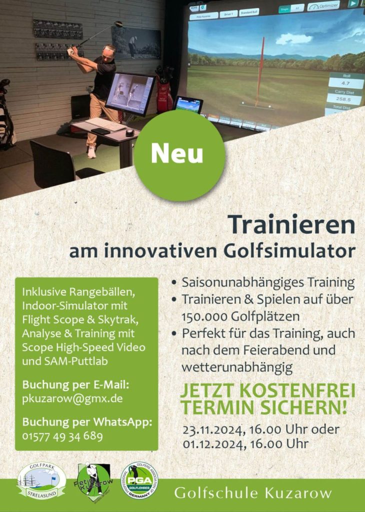 Golfer am Golfsimulator und Termine fuer die Einweisung am Golfsimulator