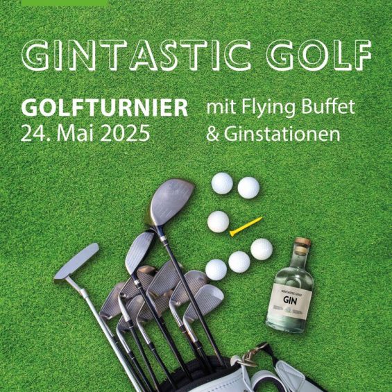 Gintastic Golf im Golfpark Strelasund -Golfschläger, Golfbaelle und eine Ginflasche auf Rasen