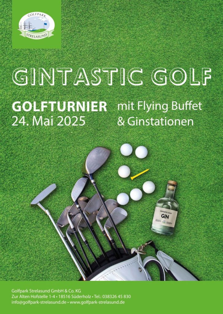 Gintastic Golf im Golfpark Strelasund -Golfschläger, Golfbaelle und eine Ginflasche auf Rasen