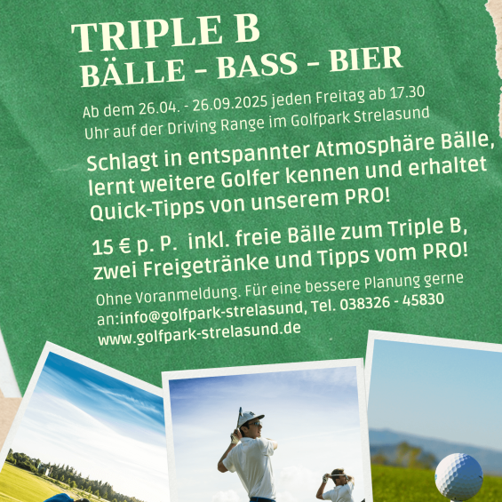 Plakat Triple B mit technischen Daten und Golfer auf der Driving Range und einem Golfball auf einem Tee