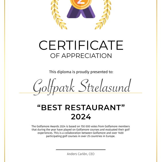 Golfamore Best Restaurant Award Certificate für das zweitbeste Restaurant