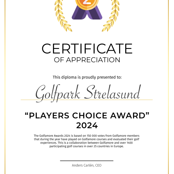 Golfamore  Best Players Choice Award Certificate für den zweiten Platz