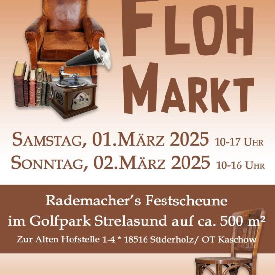 Flyer Flohmarkt im Golfpark Strelasund mit Termin, ein Stuhl mit Telefon, Sessel, Buecher und Gramophon