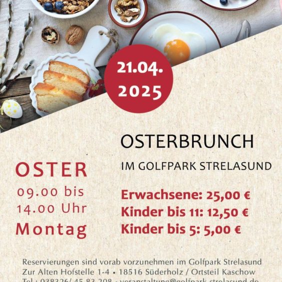 Flyer Osterbrunch im Golfpark Strelasund mit Spiegelei, Weidekätzchen, Toast und Muesli und Termin