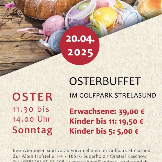 Flyer Osterbuffet mit bunten Eiern, Gugelhupfkuchen und Termindaten