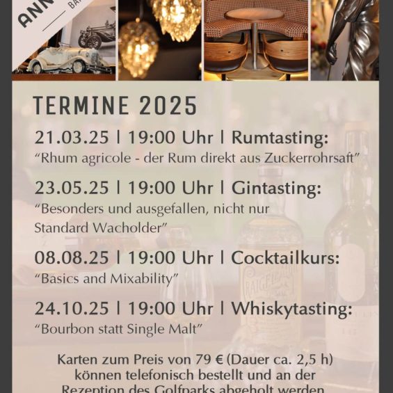 Tasting Termin 2025 im Golfpark Strelasund mit Bildern von Annas Eck der Bar im Golfpark Strelasund