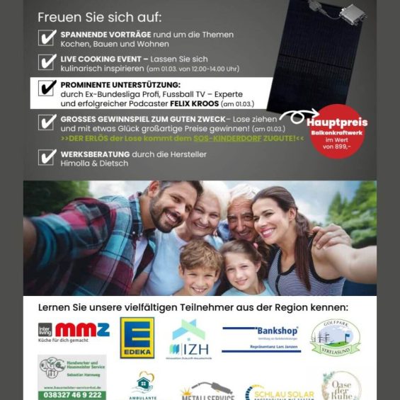 Teilnehmende Unternehmen bei der Bau- & Wohnmesse in Stralsund mit Logos und eine Familie mit lachenden Gesichtern.