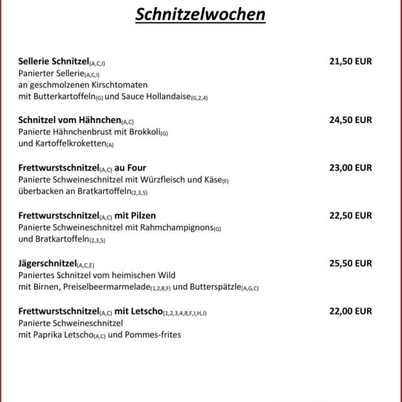 Schnitzelwochen-Karte mit Preisen im Landgasthof Frettwurst