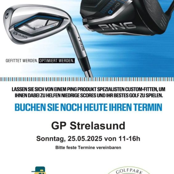 Verschiedene Golfschläger und die Logos vom Golfpark Strelasund und Flyingolf