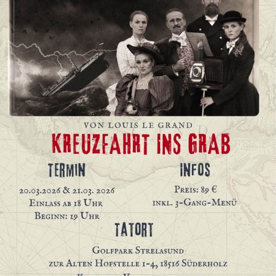 Krimi-Dinner im Golfpark Strelasund Flyer mit Inhalten und Schauspielern