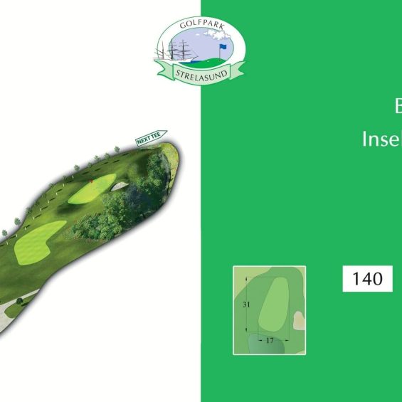 Abschlagsschild vom Strelasund-Inselcourse mit Bild der Golfbahn.