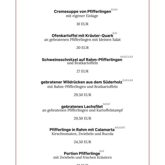 Pfifferlingsgerichte zur Pfifferlingszeit im Landgasthof Frettwurst