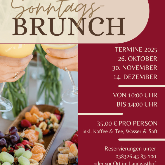 Zwei Hände halten ein Glas und prosten sich zu, Speisen auf einem Biffet - Sonntags-Brunch im Golfpark Strelasund mit Terminen