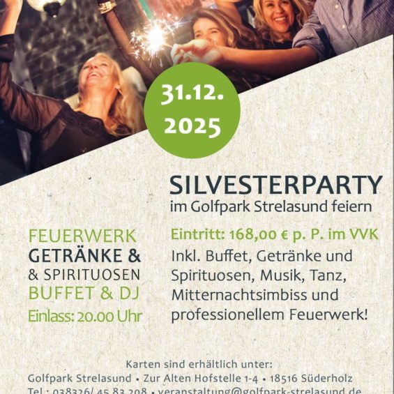 Silvesterparty im Golfpark Strelasund Flyer_Menschen die Wunderkerzen hochalten und technische Daten wie Ablauf der Party