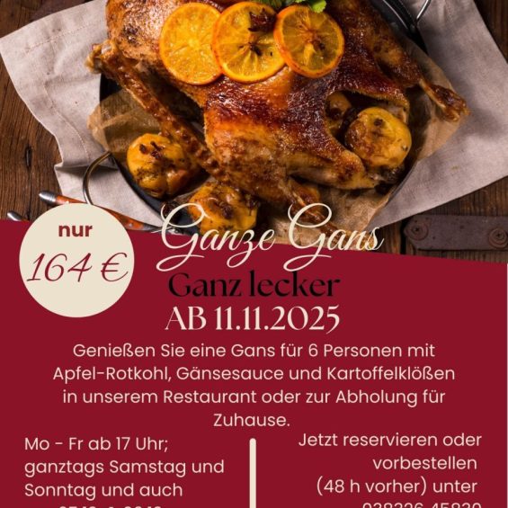 Ganze Gans mit Orangenscheiben in einer Pfanne mit technischen daten ab 11.11. im Golfpark Strelasund