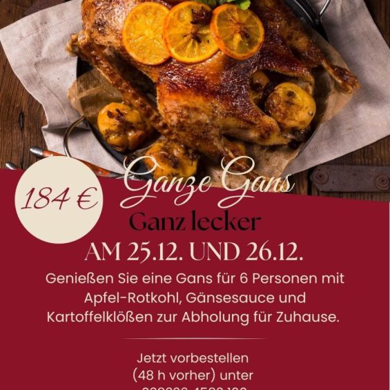 Ganze Gans mit Orangenscheiben in einer Pfanne mit technischen Daten ab 11.11. im Golfpark Strelasund