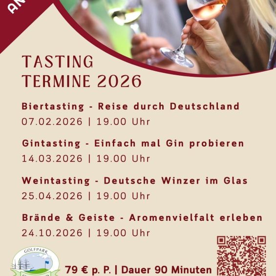 Zwei Frauen mit Weingläsern und die technischen daten für die tastings 2026 im Golfpark Strelasund