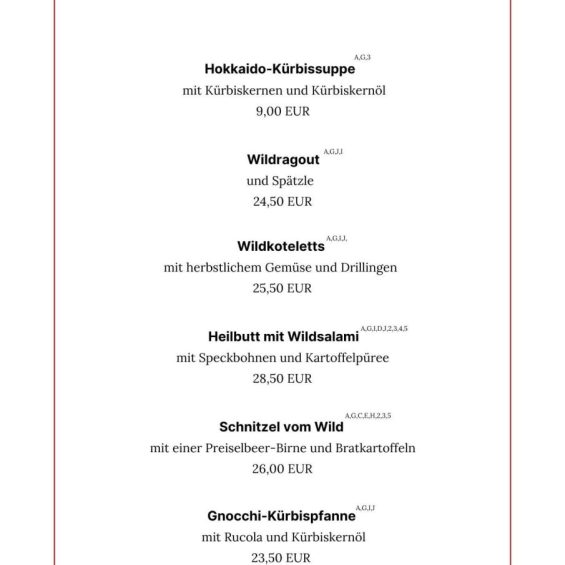 Wildwochen im Landgasthof Frettwurst - Speisenkarte mit Gerichten und Allergenen