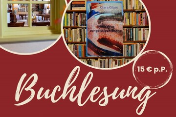 Buchlesung - Bücherreegal mit vielen Büchern und einem Buch im Vordergrund . Blick in einem Raum durch ein Fenster.