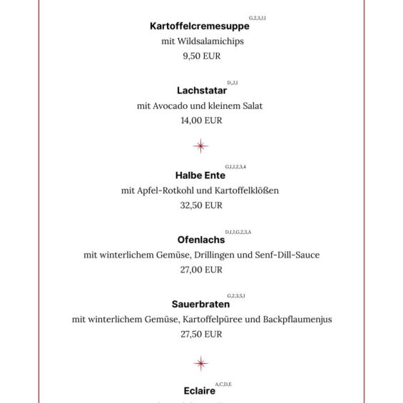 Weihnachtsessen im Landgasthof Frettwurst - Spesekarte