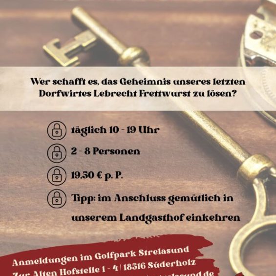 Ein goldener Schlüssel liegt auf einem Tisc, es sind die technischen Daten und das Logo vom Golfpark Strelasund und Landgasthof Frettwurst zu sehen.