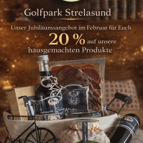 Hausgemachte Produkte im Golfpark Strelasund zwei Flaschen mit Frettwurstschnaps, Wildschinken abgepackt im Korb mit Henkel., Dekofahhrad Bärlauchpesto im Glas
