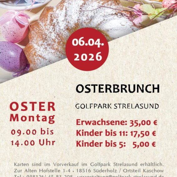 Rührkuchen bestreut mit Puderzucker, Ostereier und Rührei bestreut mit Petersilie auf dem Flyer Osterbrunch im Golfpark Strelasund