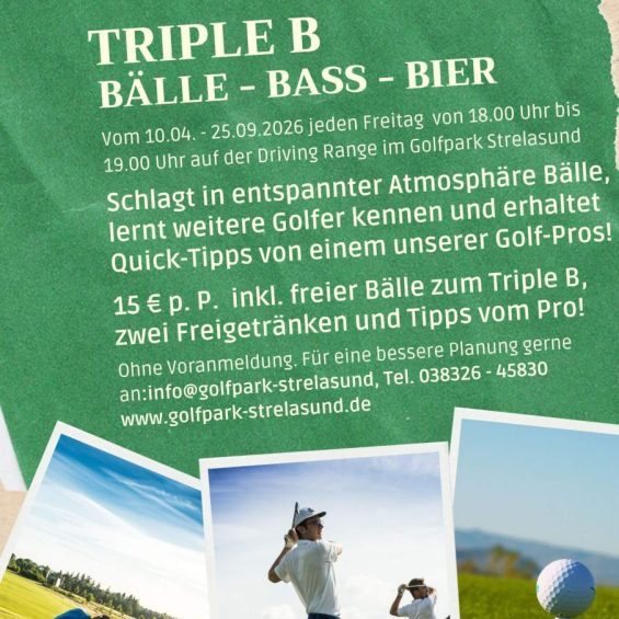 Zwei Golfer auf dem Grün, Golfer beim Abschlag auf mit Golftrolley und ein Golfball auf dem Tee - technische Daten vom Triple B im Golfpark Strelasund