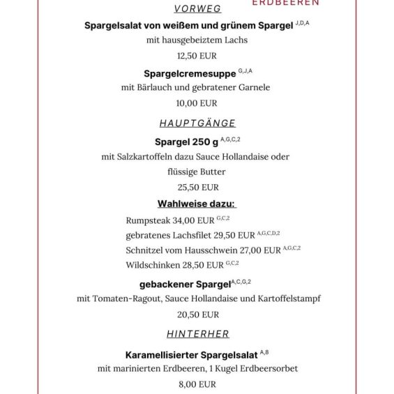 Spargel und Erdbeeren im Landgasthof Frettwurst Speisekarte