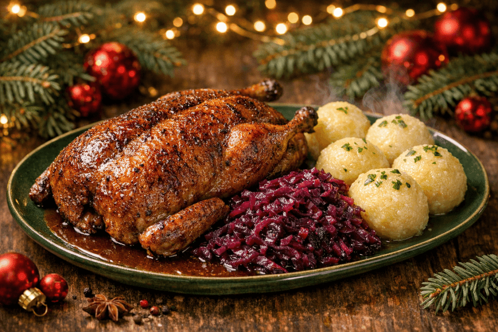 Ganze gebratene Ente mit Rotkohl und Kartoffelklöße mit weihnachtlicher Dekoration