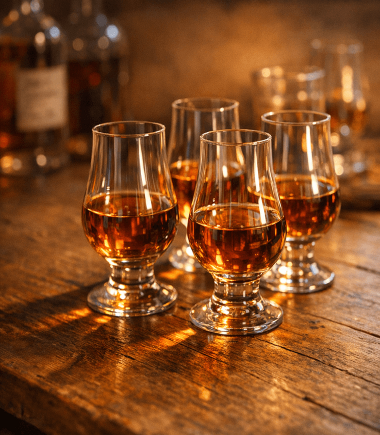 Vier gefüllte Gläser mit Rum auf einem Holztisch
